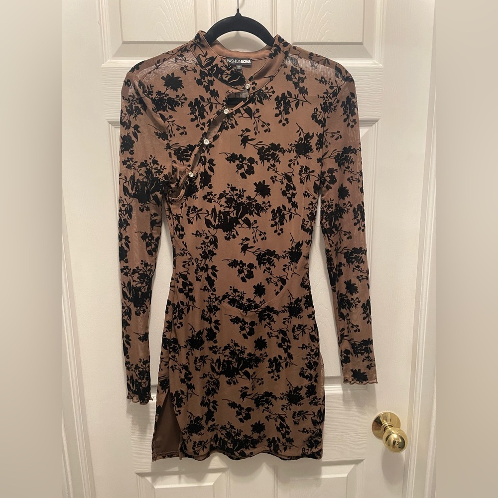Fashion Nova Brown Floral Velvet Bodycon Dress